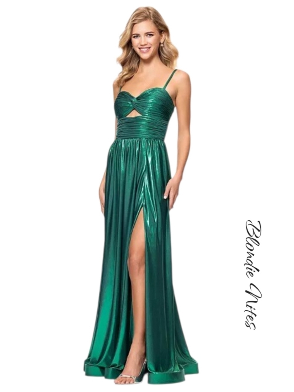 Blondie Nites Metallic Twist Front Cutout Prom Gown Dress Emerald Green 9 M NWT
